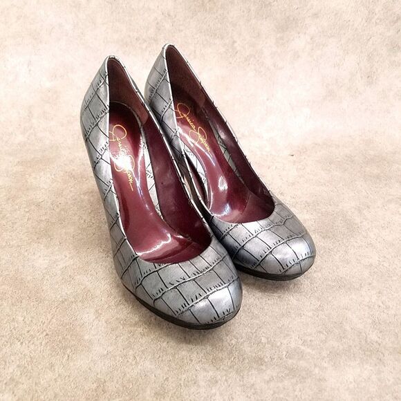 Jessica Simpson Womens Layla  Size 8 B Silver  Croc Print Roud Toe Slip On 4"... - Picture 1 of 11
